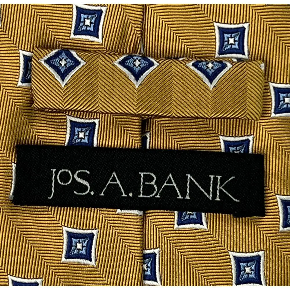 Jos A Bank 100% Silk Tie Gold Blue Geometric Herringbone Classic